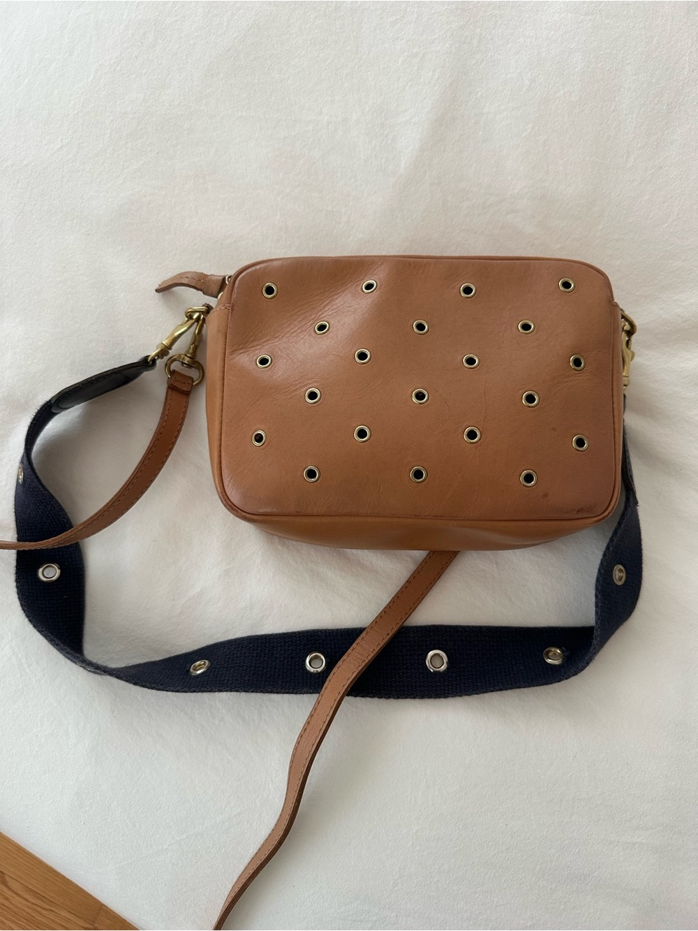 Clare V Midi Crossbody Bag Tan with Navy Strap